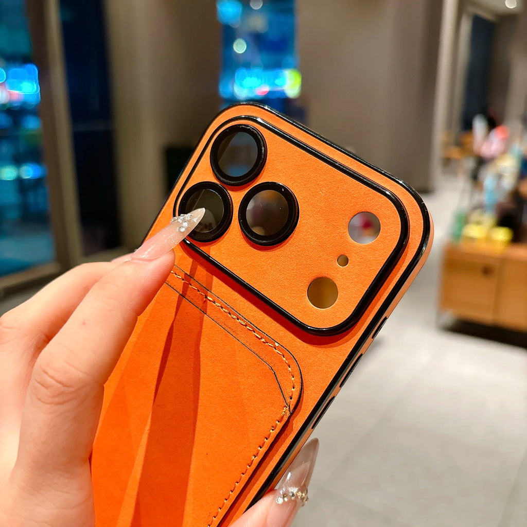 Wallet Card Holder Suede Leather Phone Case for  17 16 15 14 13 plus Pro Max Business Insert Card Matte Lens Glass Cover