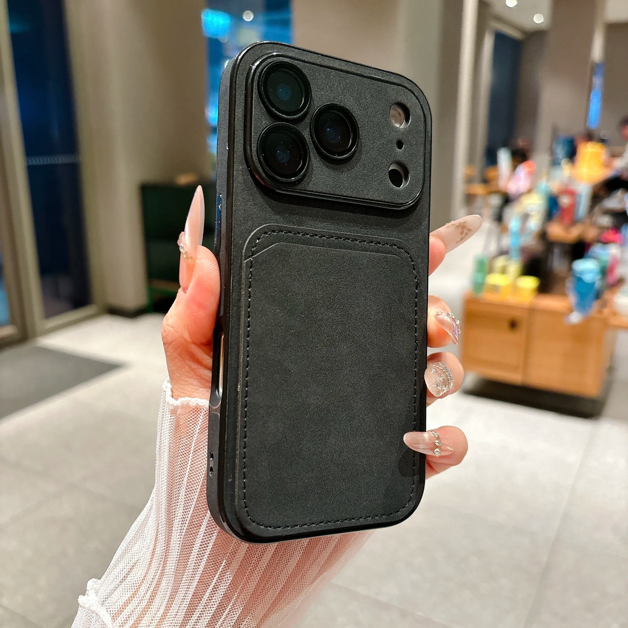 Wallet Card Holder Suede Leather Phone Case for  17 16 15 14 13 plus Pro Max Business Insert Card Matte Lens Glass Cover
