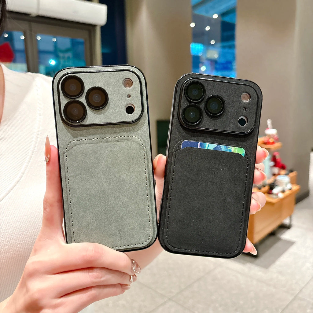 Wallet Card Holder Suede Leather Phone Case for  17 16 15 14 13 plus Pro Max Business Insert Card Matte Lens Glass Cover