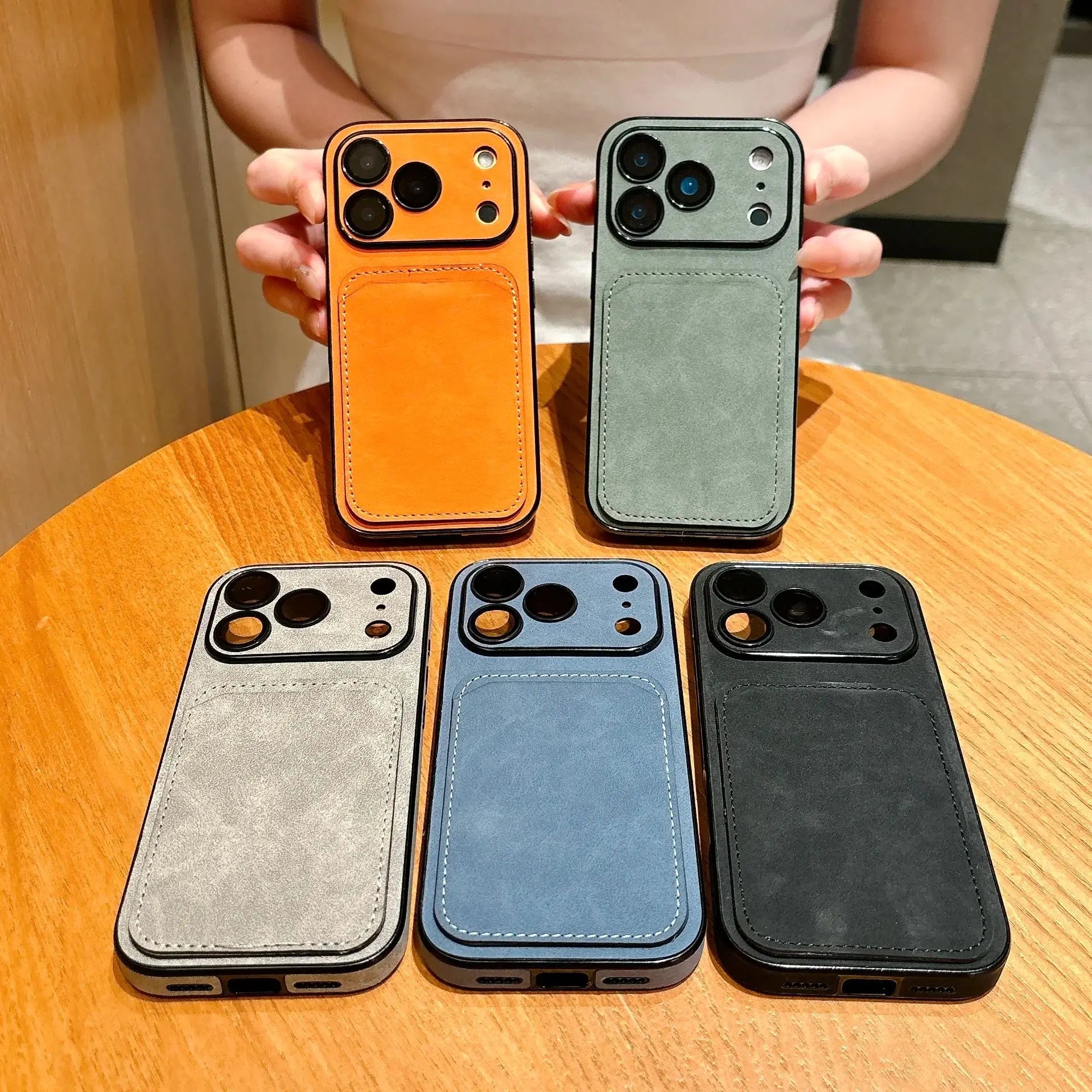 Wallet Card Holder Suede Leather Phone Case for  17 16 15 14 13 plus Pro Max Business Insert Card Matte Lens Glass Cover