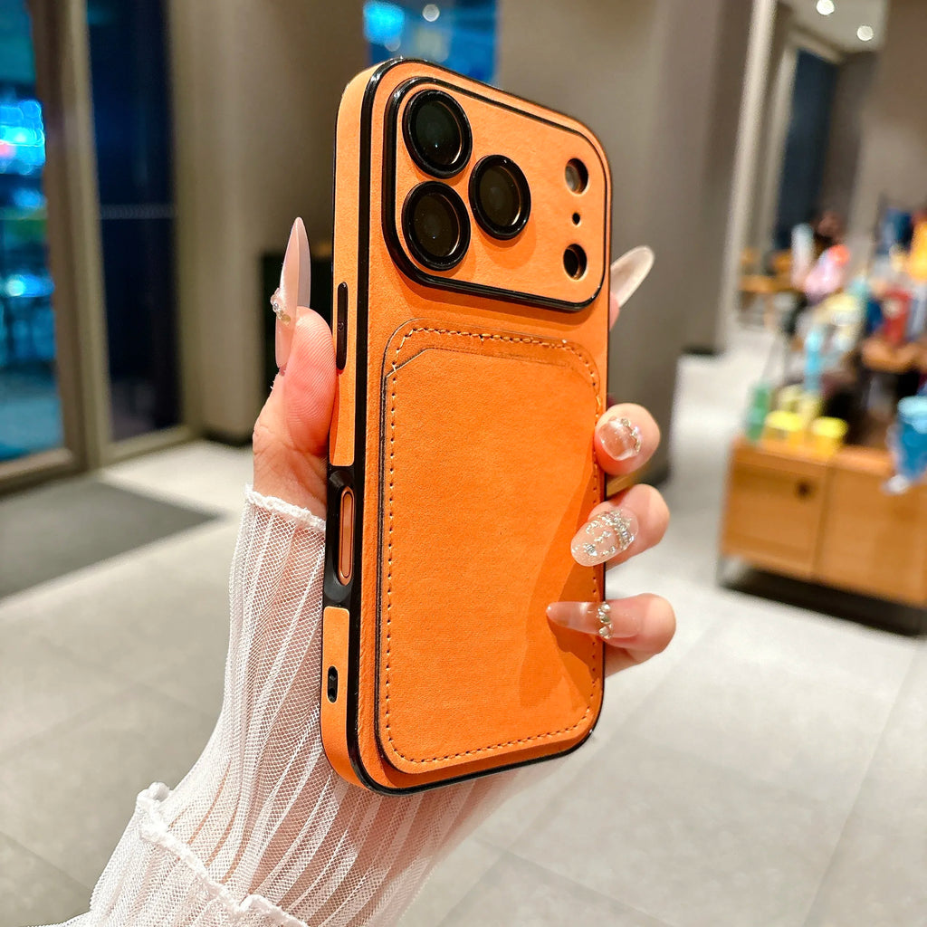 Wallet Card Holder Suede Leather Phone Case for  17 16 15 14 13 plus Pro Max Business Insert Card Matte Lens Glass Cover
