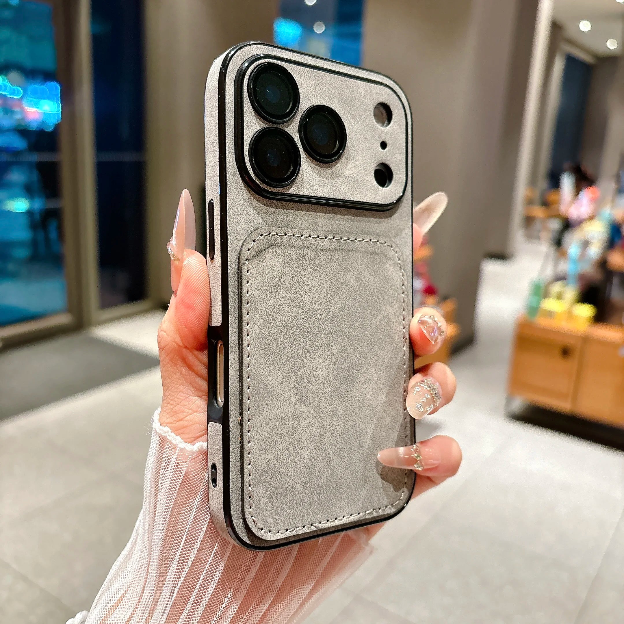 Wallet Card Holder Suede Leather Phone Case for  17 16 15 14 13 plus Pro Max Business Insert Card Matte Lens Glass Cover