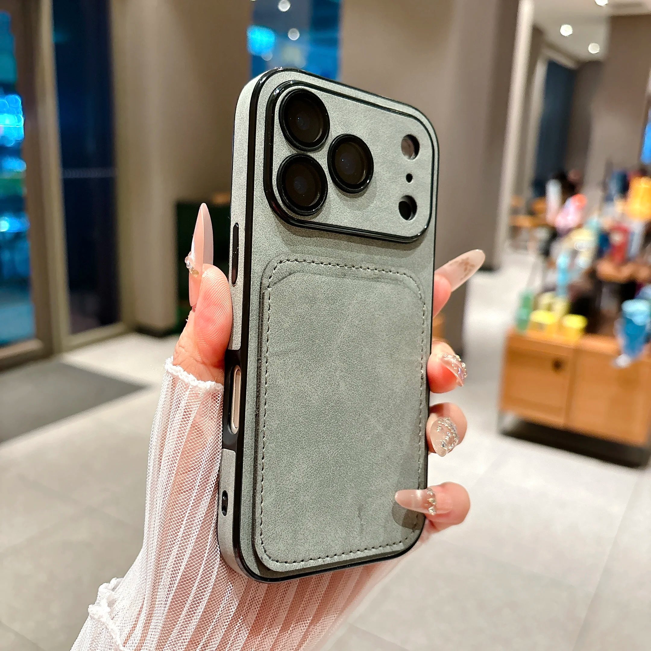 Wallet Card Holder Suede Leather Phone Case for  17 16 15 14 13 plus Pro Max Business Insert Card Matte Lens Glass Cover